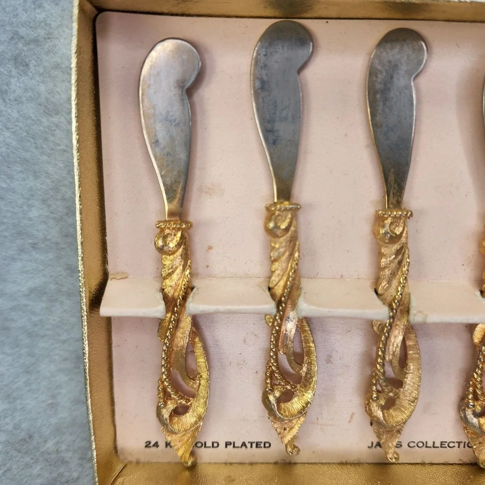 Tancraft Hors Doeuvres Knives 24kt Gold Plated Set of 6 Janis Collection Vtg Box